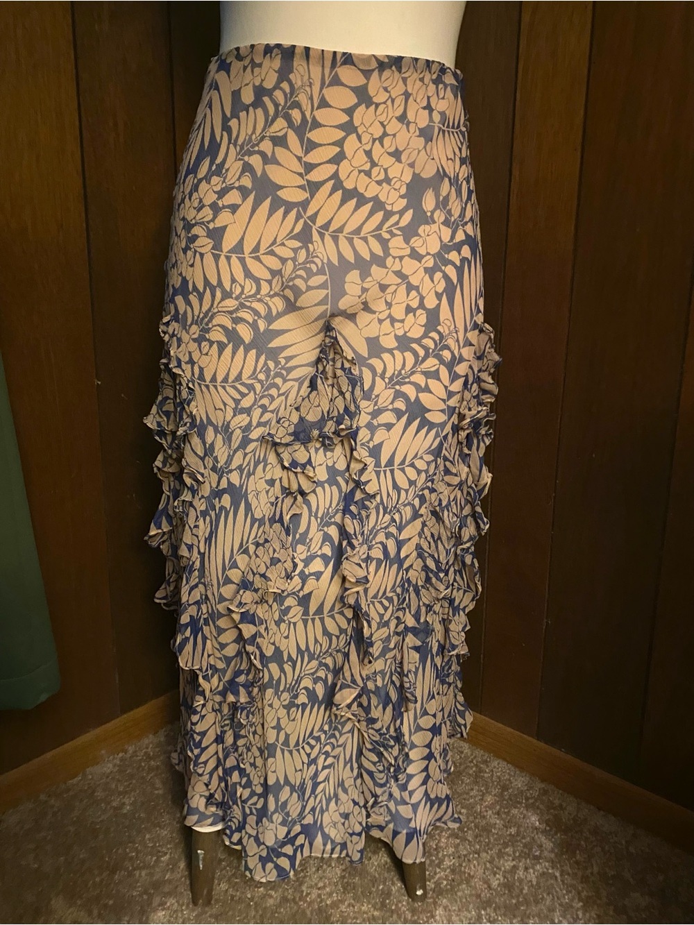 Vintage Lauren by Ralph Lauren Silk Floral Ruffle Maxi Skirt in Beige and Blue M - Picture 2 of 4